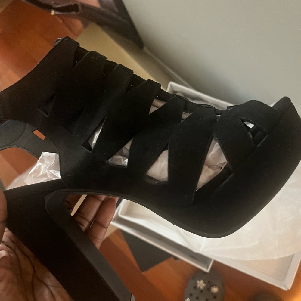 Black open toe high chunky heels